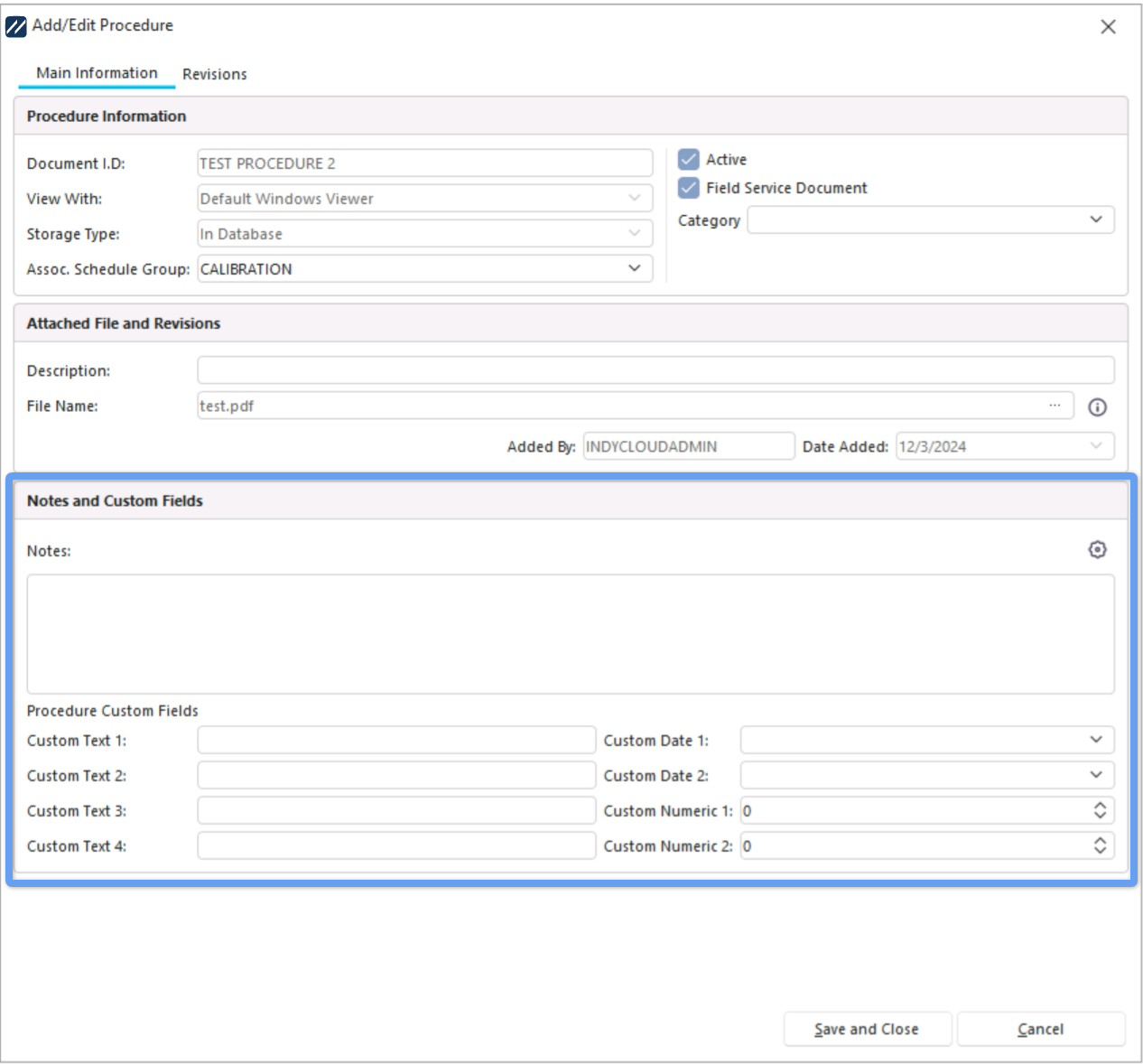 Notes and Custom Fields