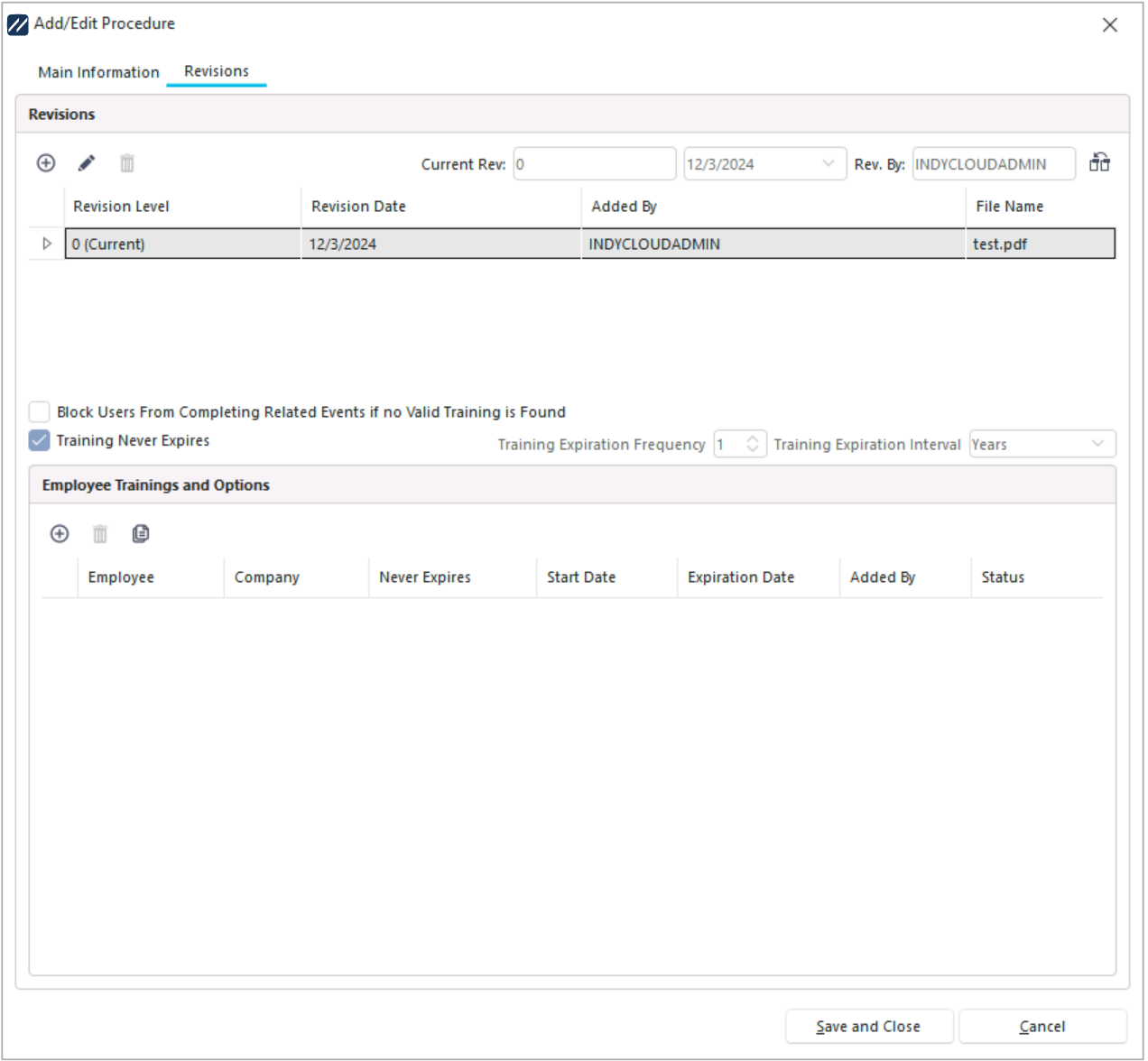 Revisions tab