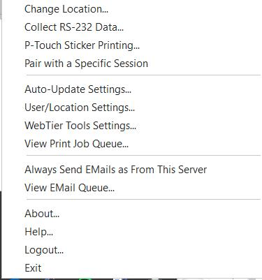Web-Tier Tools system tray icon — right-click options