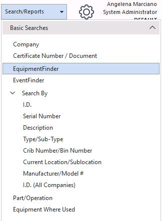 Search-By menu — Equipment Finder