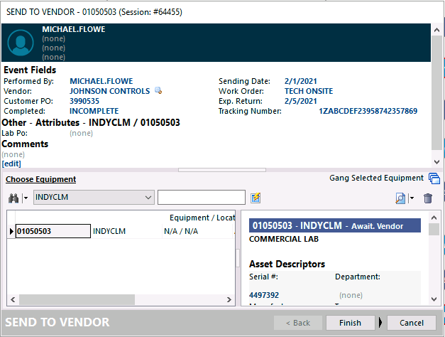 Send To Vendor — vendor and return date