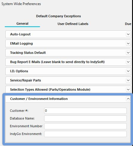 Customer #, Environment Number, and IndyGo Environment in System-Wide Preferences
