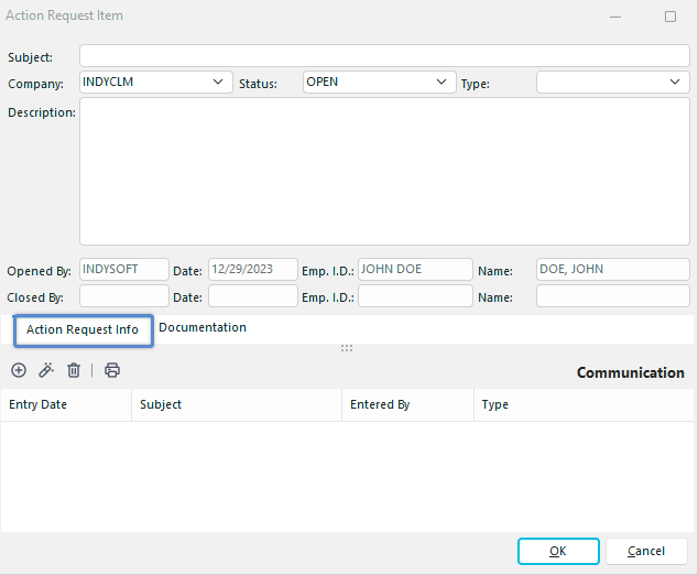 Action Request Item dialog