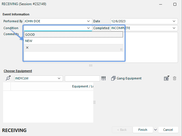 Receive Dialog Example w/ Conditions pointed to by an arrow.