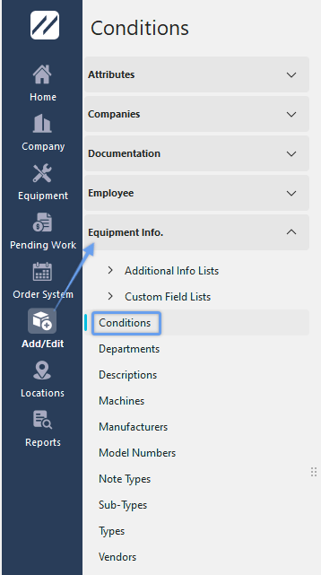 Navigate from the Add/Edit Tab to Equipment Info. / Conditions