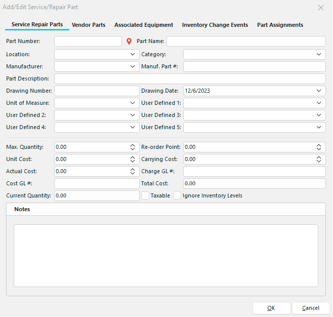 Add/Edit Service/Repair Part Step 1