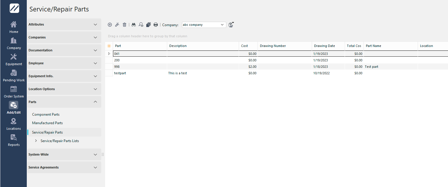 Add/Edit Service/Repair Parts Dialog