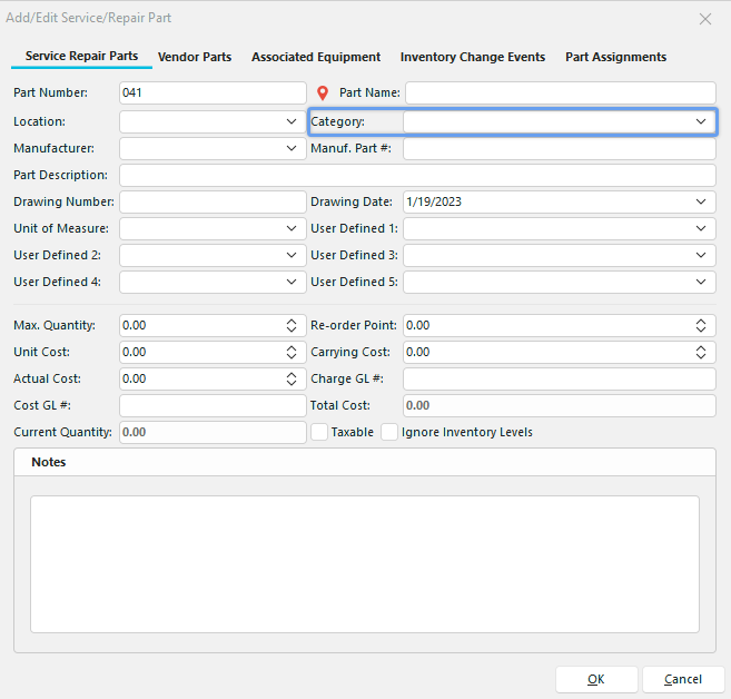 Add/Edit Service Repair Part with Category Example