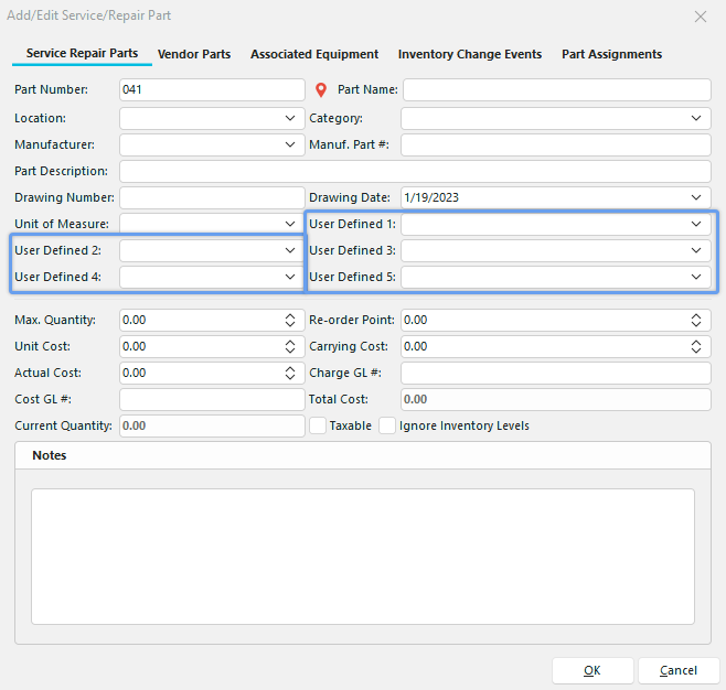 Add/Edit Parts - Service/Repair List - User Defined 1-5 Default View