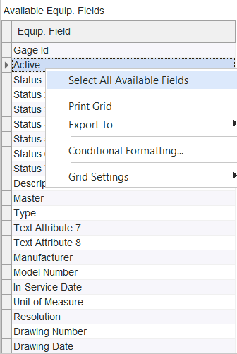Available Equip. Fields Right-Mouse Click Options