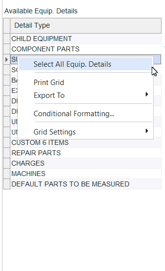 Available Equip. Details - Right Mouse Click Options