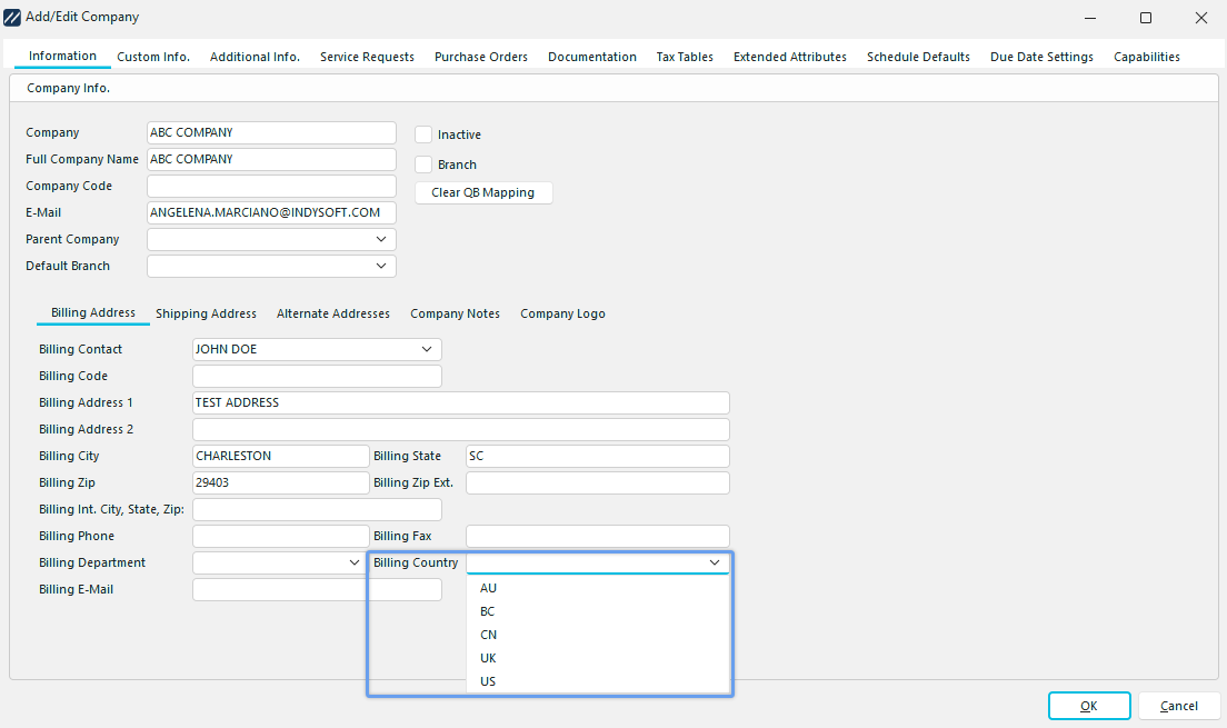 Add/Edit Parent Billing Company Wizard with Billing Country List