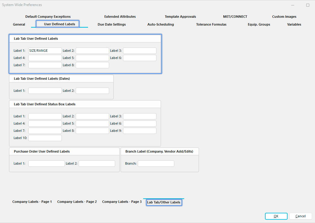System-Wide Preferences - Lab Tab User Defined Labels