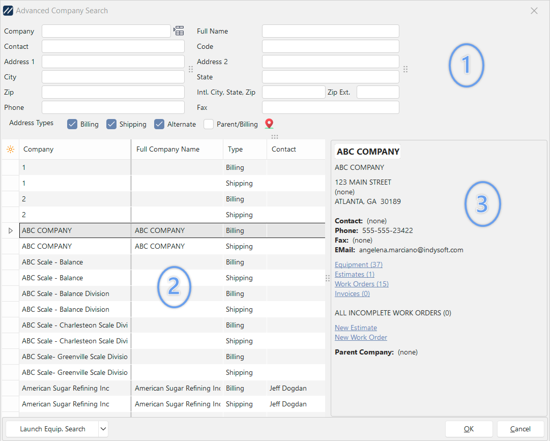 Advanced Company Search Dialog - Main Sections