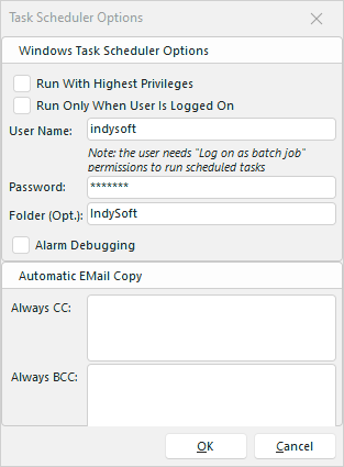 Task Scheduler Options Dialog