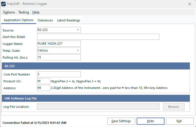 HygroFlex Logger - Application Settings