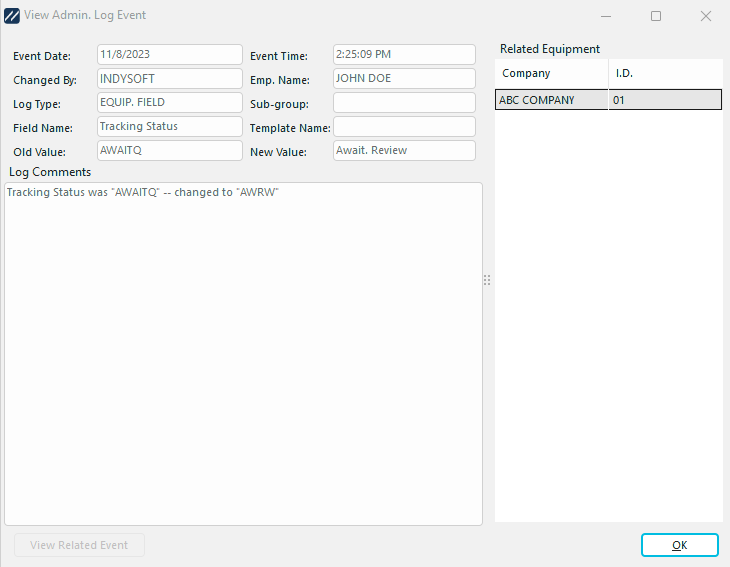 View Admin. Log Event