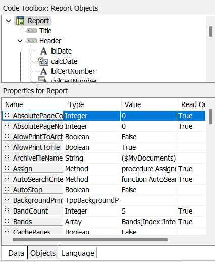 Code Toolbox - Objects Tab