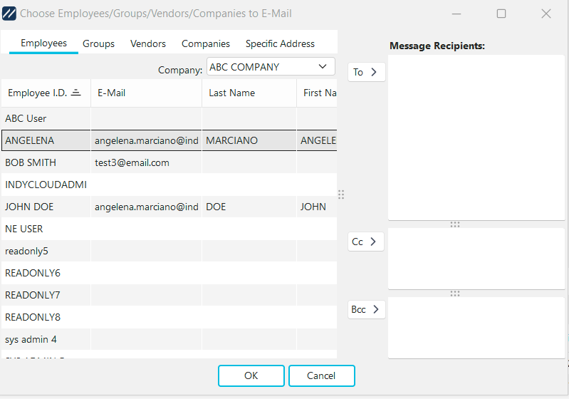 Choose Employees/Groups/Vendors/Companies to Email