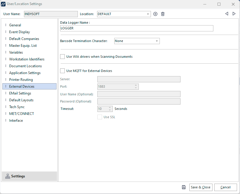User/Location Settings - External Devices