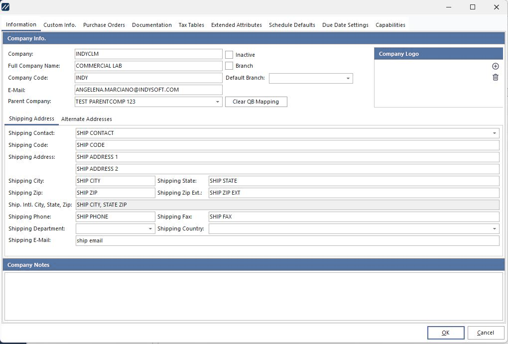 Add/Edit Company Fields - Information Tab Fields