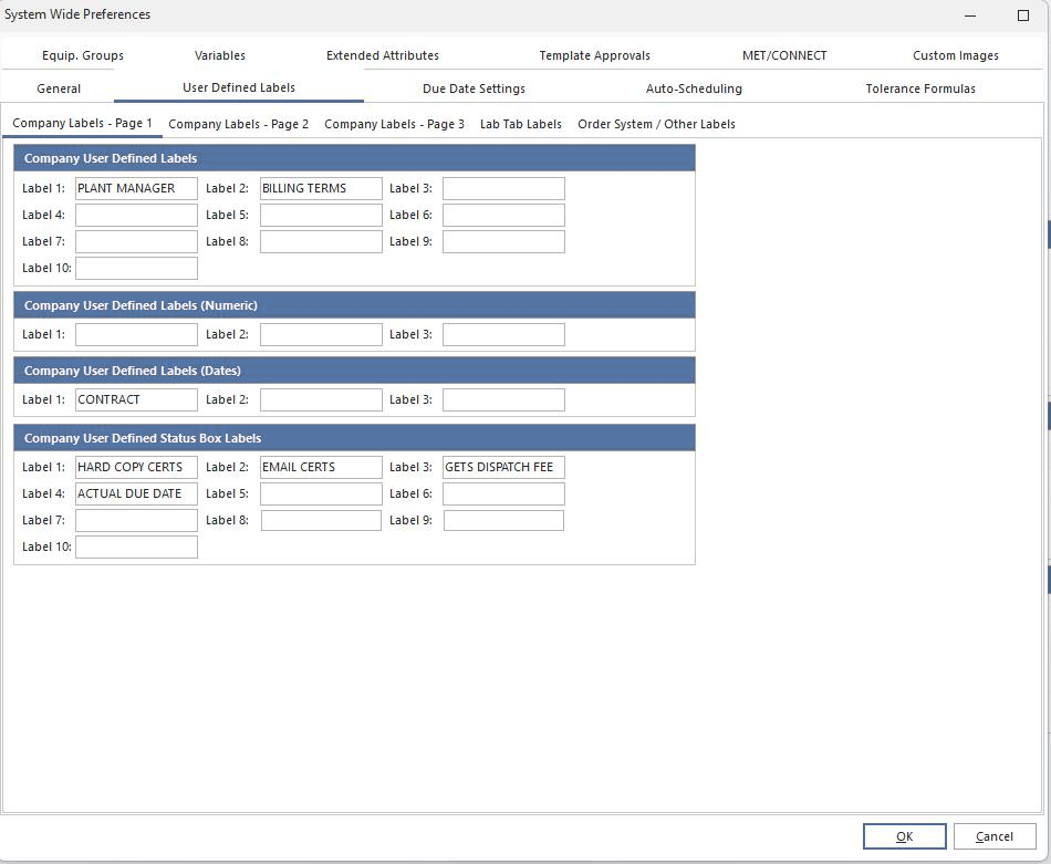 System Preferences - User Defined Labels - Company Labels - Page 1