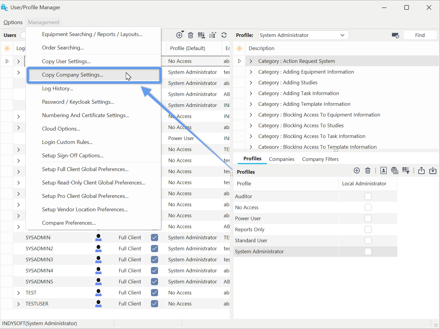 Locate 'Copy Company Settings' on Profile Manager