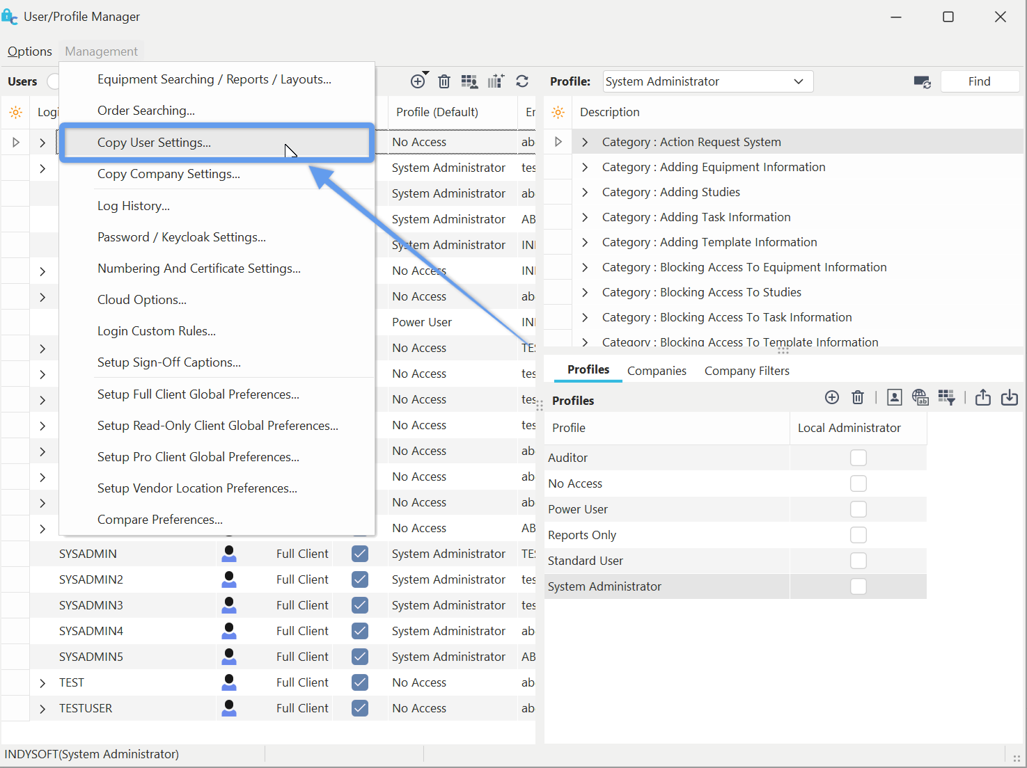 Locate 'Copy User Settings' on Profile Manager