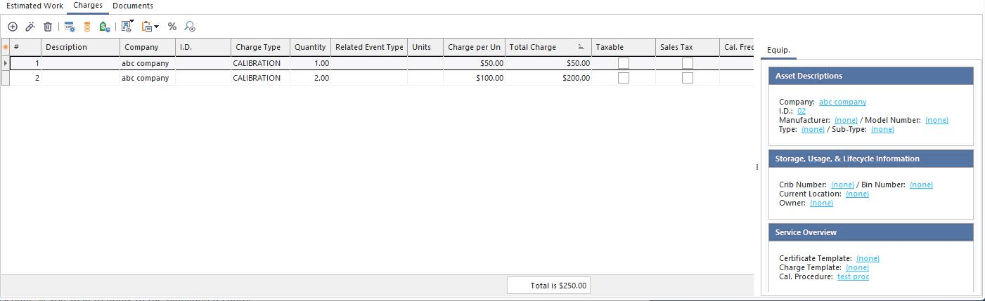 Estimates - Charges Tab