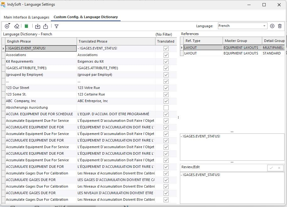 Custom Config. &amp; Language Dictionary Tab