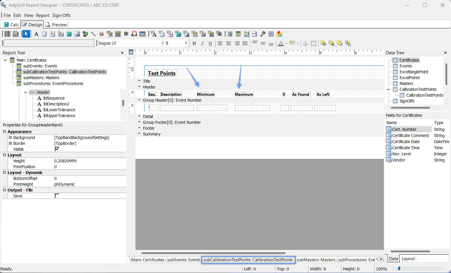 Design Tab Example - SubReport CalibrationTestPoints