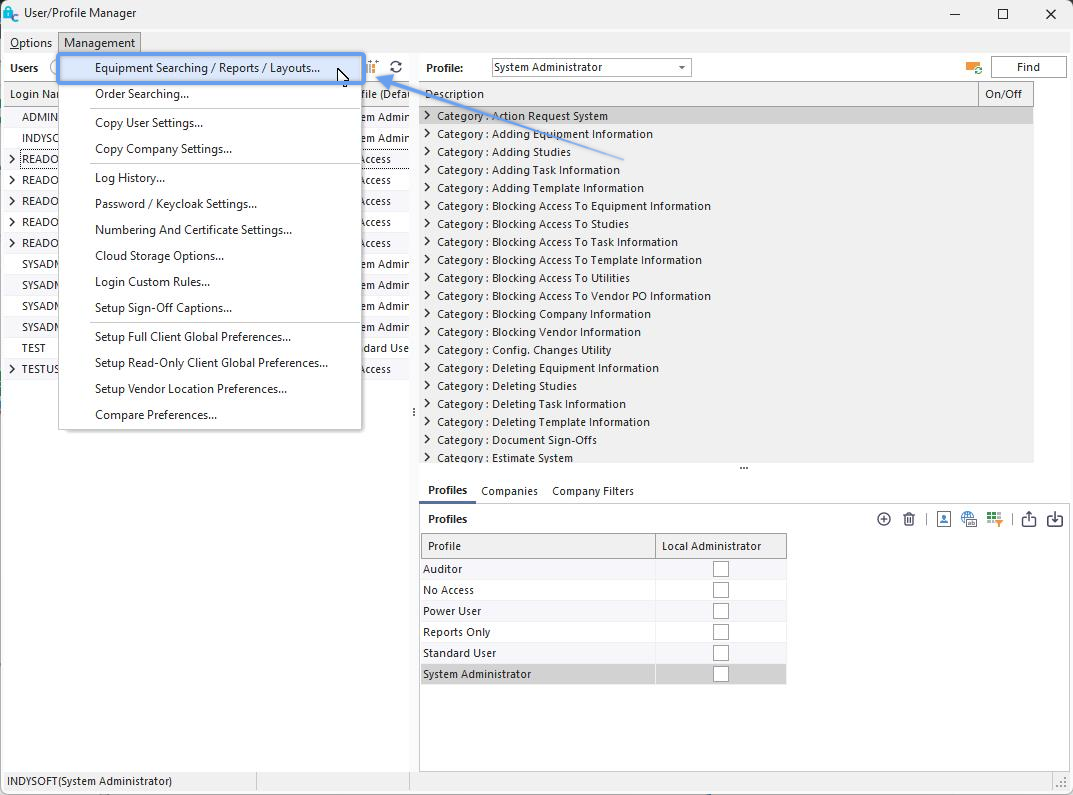 Locate 'Equipment Searching / Reports / Layouts ' under Management