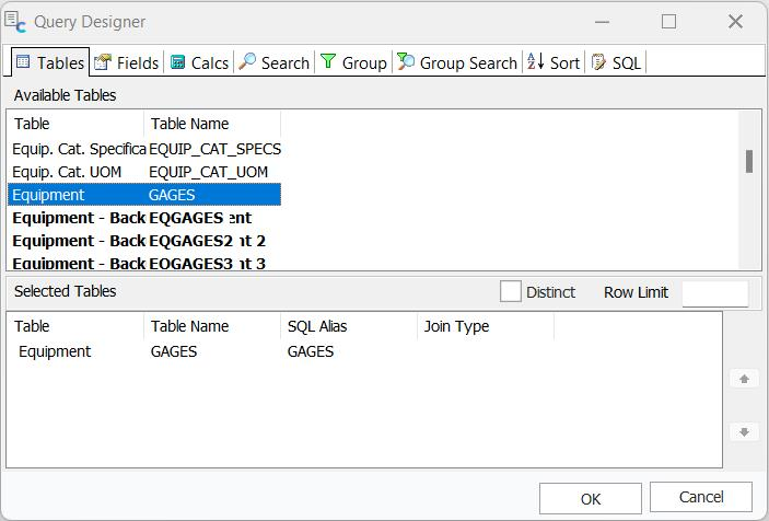 Query Designer - Tables Tab