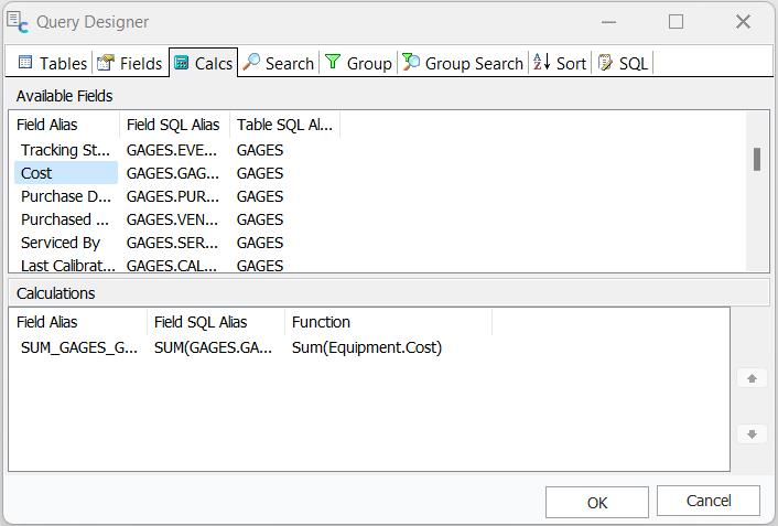 Query Designer - Calcs Tab