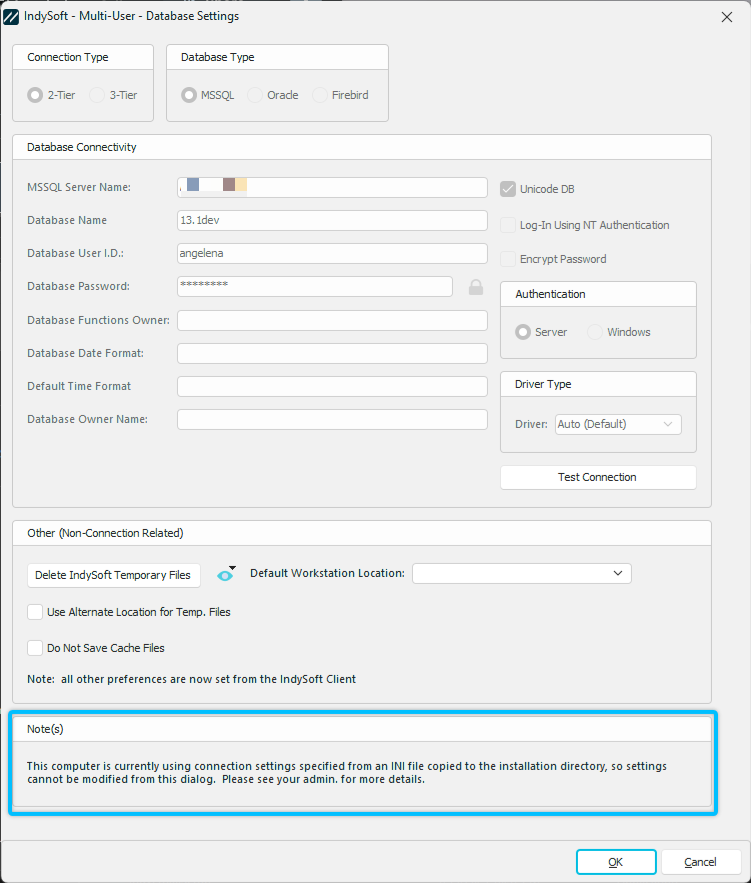 Database Settings - Use of CONNECTIONSETTINGS.INI in the Program Directory