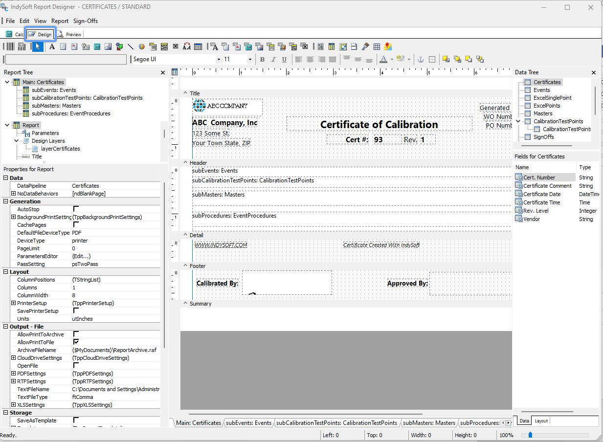 IndySoft Custom Report Designer - Design Tab