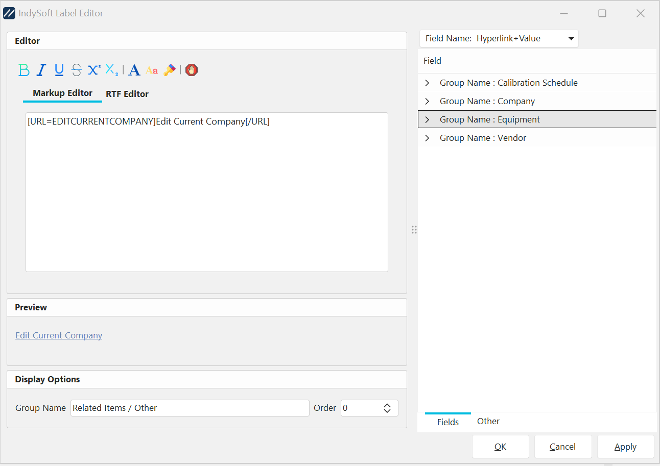 Label Editor - Edit Company Hyperlink