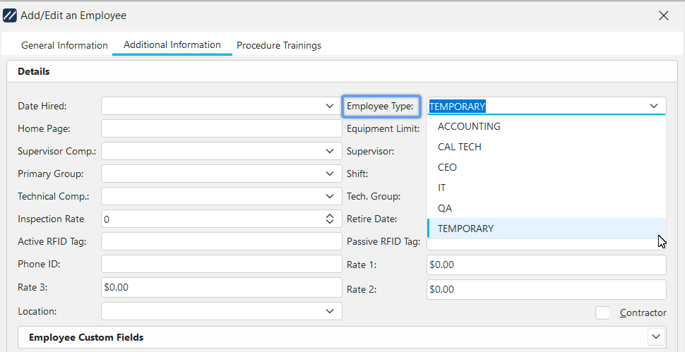 Add/Edit Employee with Employee Type Example