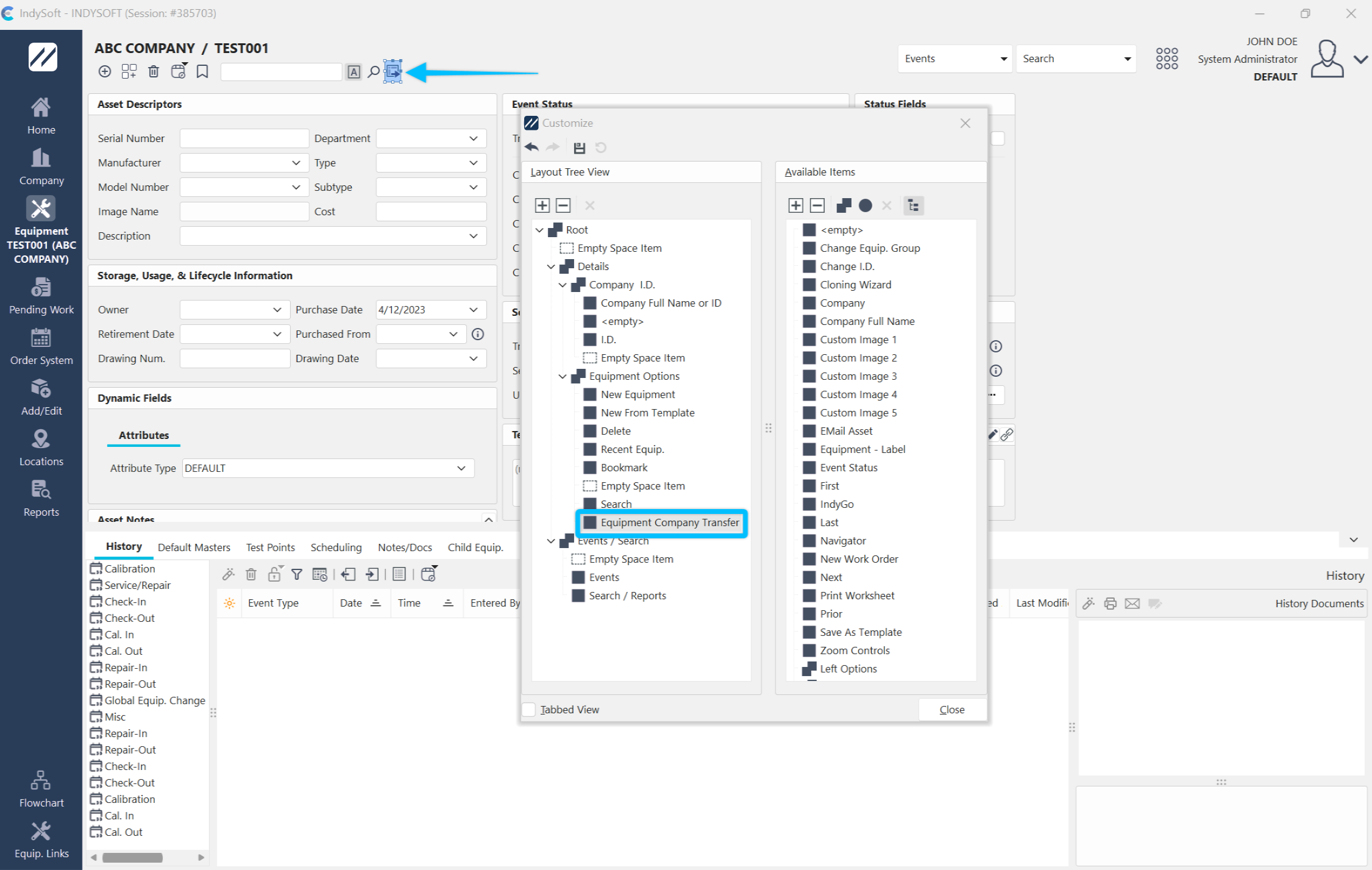Example - Equipment Company Transfer Hyperlink in Equipment View Header
