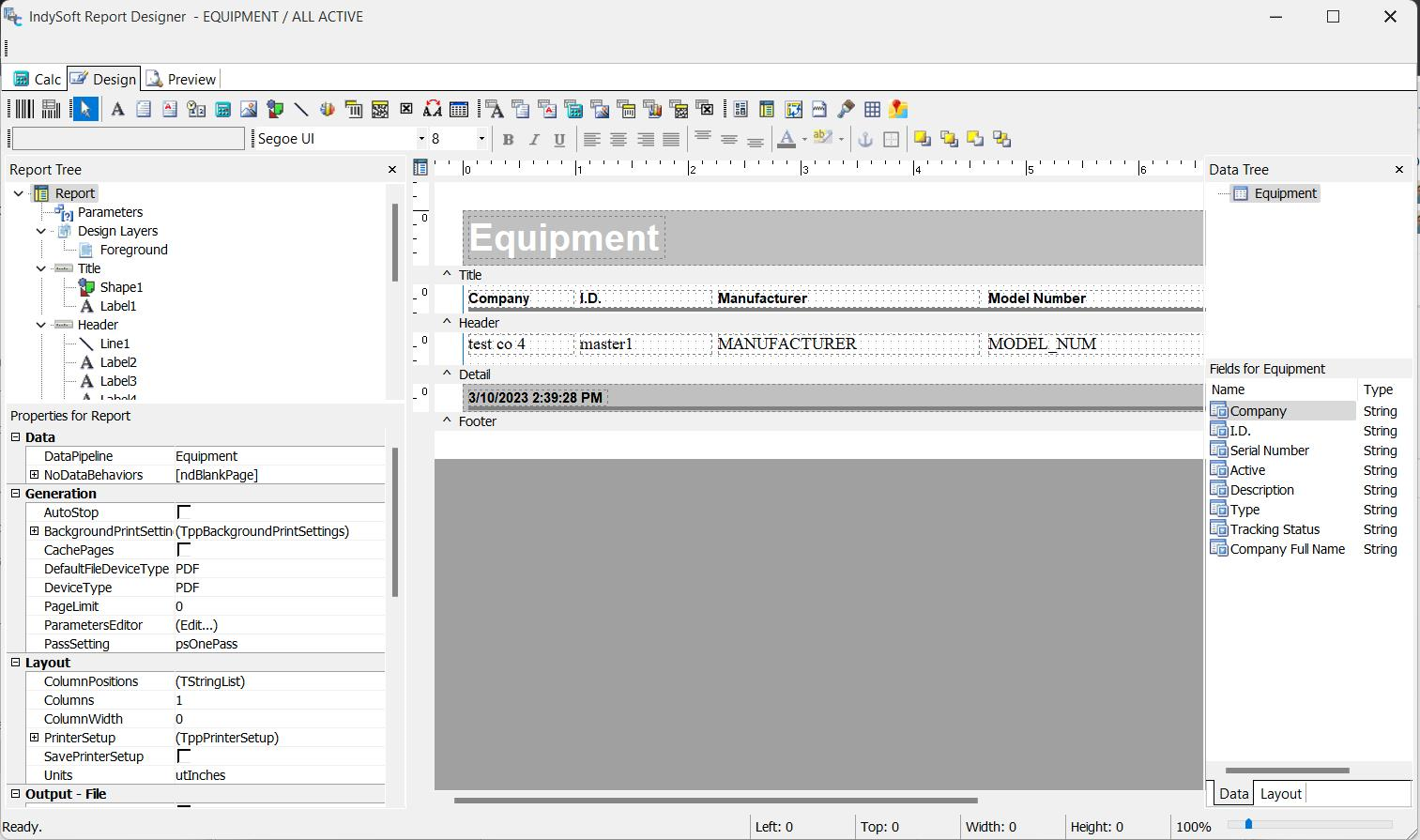 IndySoft Report Designer - Equipment example