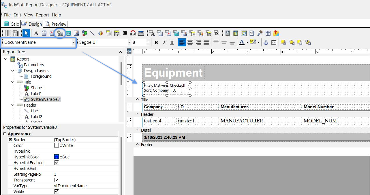 Example - use of a System Variable with DocumentName type - to display filter and sort