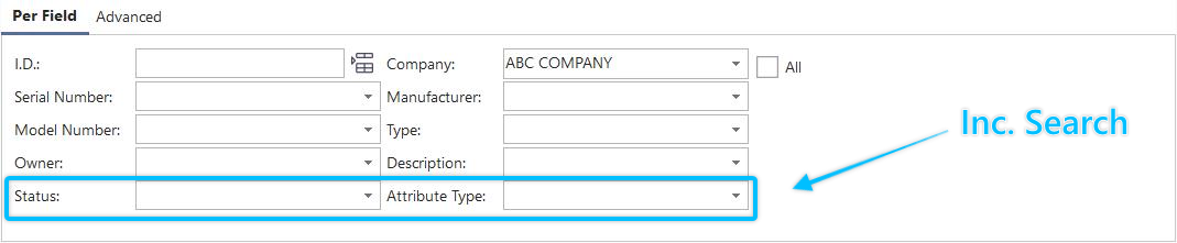 Example 'Per Field' Setup - 8 fields visible, 2 are 'Inc. Search'