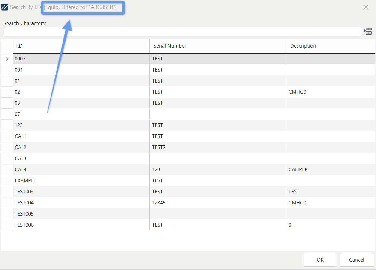 Equipment Filter Note - Search By Dialogs