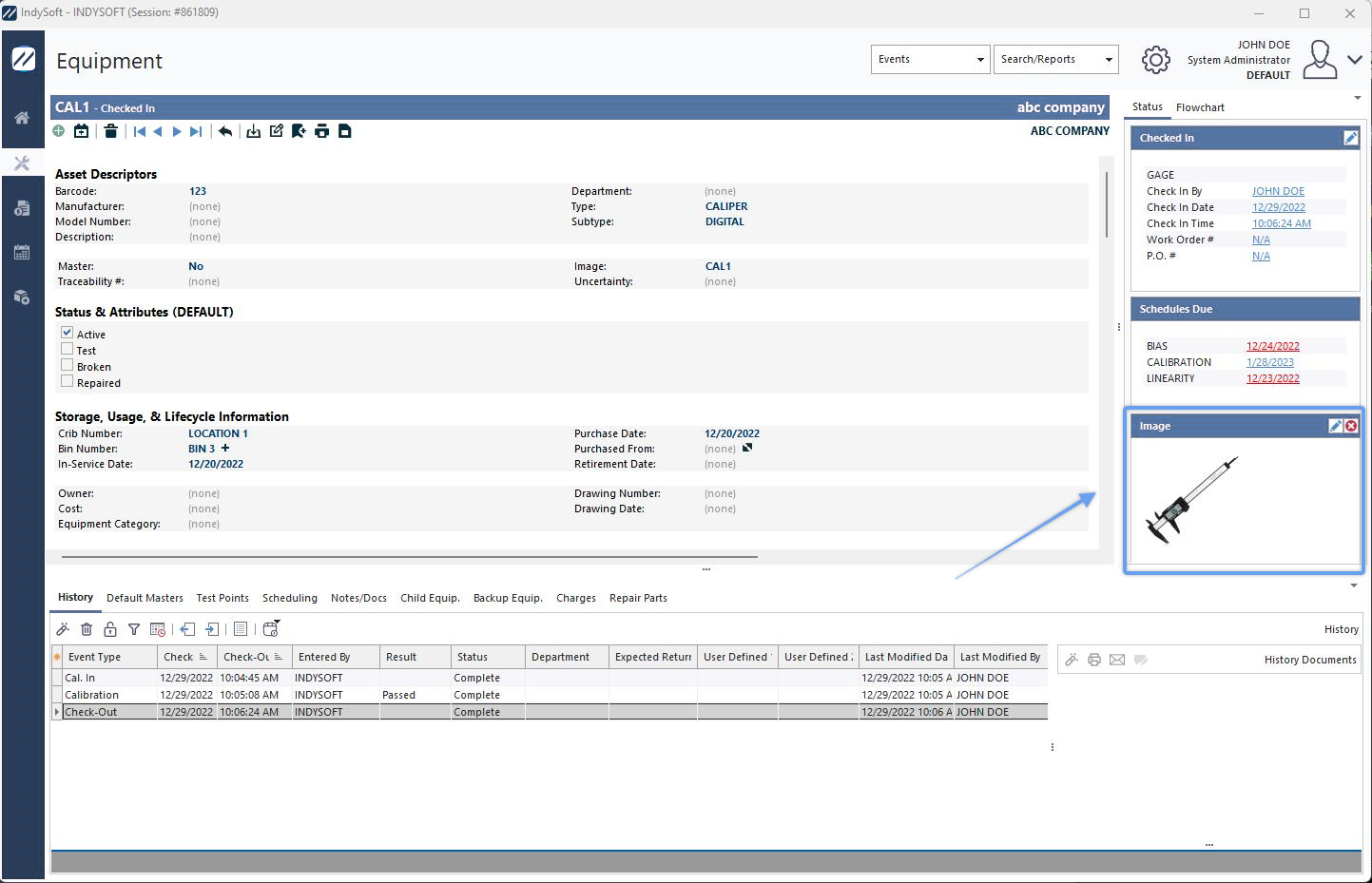 Example - Equipment Image in the Right-Side Panel