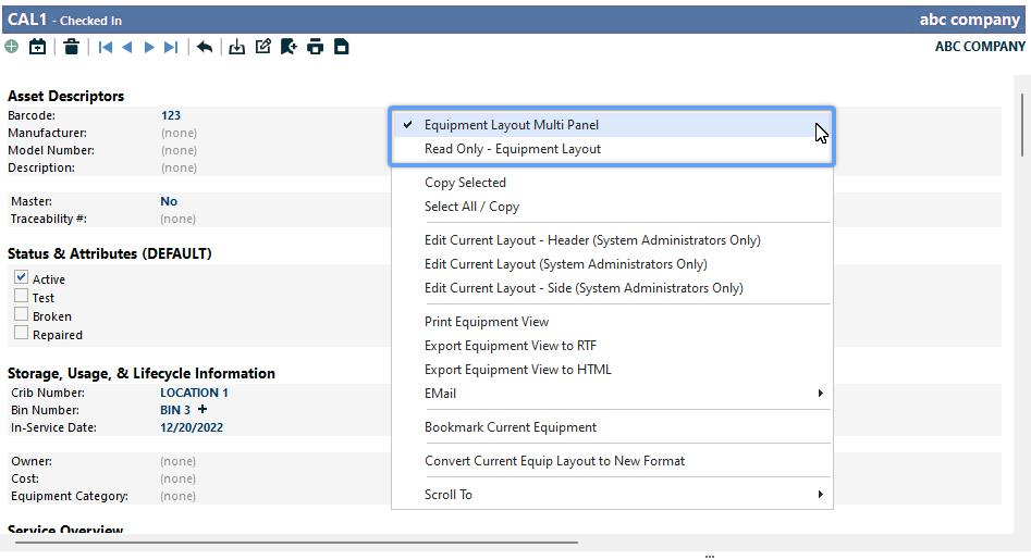 Equipment View Layout Options