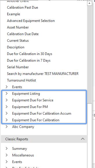 Equipment Search By/Report Dialogs Launched from Header
