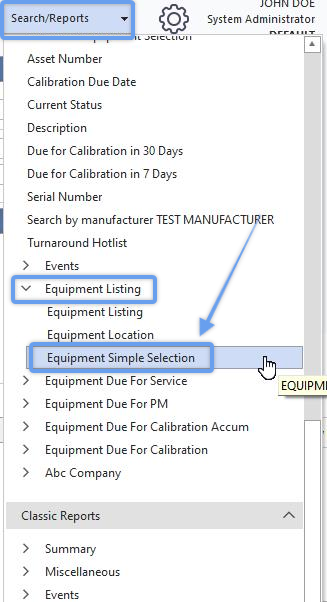 Locating 'Equipment Simple Selection' from Header