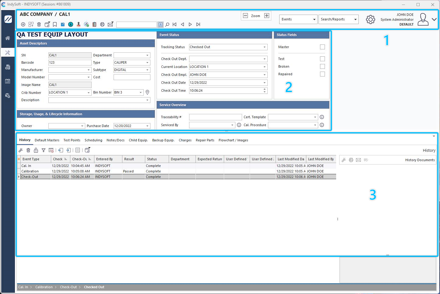 Equipment View Tab - Main Sections
