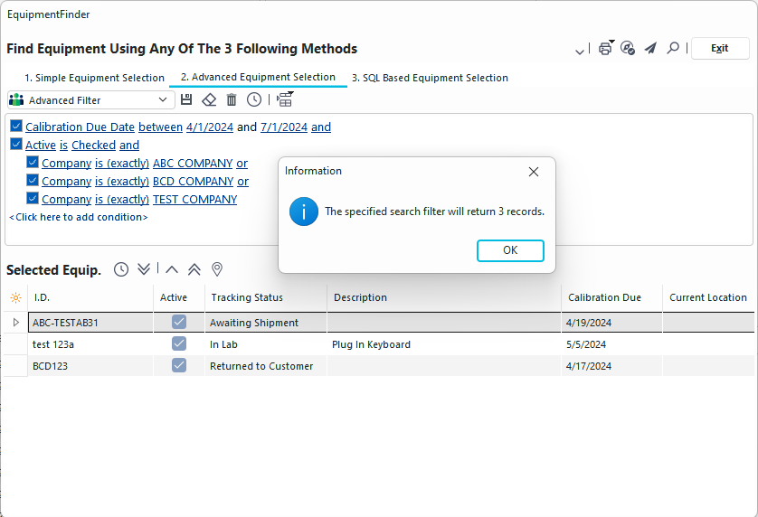 EquipmentFinder Advanced Selection Dialog - Using OR and Indents Example #2