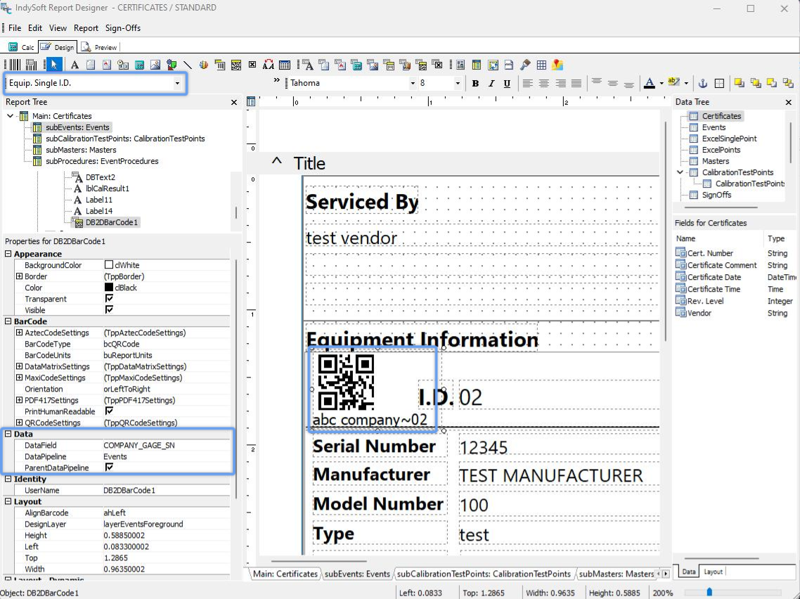 Event Report (Certificate) with Barcode - Equip. Single ID